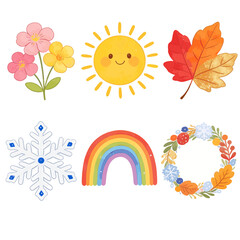 Fototapeta premium Cute watercolor seasonal elements set with blooming flowers smiling sun autumn maple leaf winter snowflake colorful rainbow and floral wreath stickers isolated on white background
