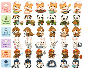 Obraz premium Big collection of cute chibi animal stickers featuring cartoon pandas, puppies, kittens, and bunnies in various active poses isolated on white background
