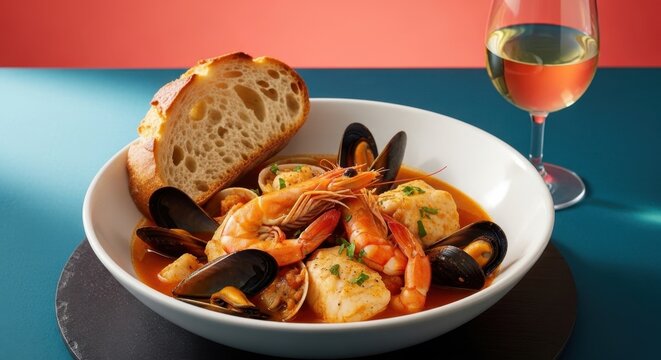Hearty Seafood Stew With Crusty Bread And A Glass Of Wine