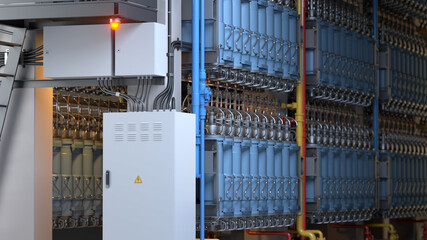 Uranium-235 enrichment inside a gas centrifuge cascade hall. Close-up of electrical control cabinets with a warning light, industrial pipelines, and nuclear equipment. Conceptual 3D render © Filipp