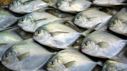 Obraz premium Fresh Silver Pomfret Displayed in Seafood Market, Premium Marine Fish for Sale, Commercial Seafood Trade, Coastal Fishing Industry and Fresh Ocean Food Selection