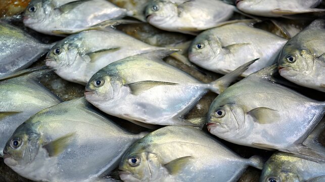 Fresh Silver Pomfret Displayed in Seafood Market, Premium Marine Fish for Sale, Commercial Seafood Trade, Coastal Fishing Industry and Fresh Ocean Food Selection