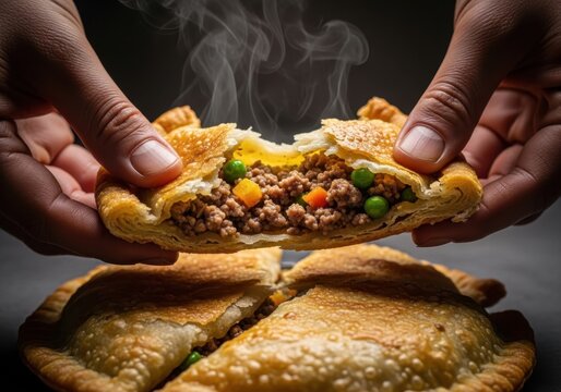 Steaming Hot Empanada Filled With Savory Meat and Vegetables, Being Held and Broken Open