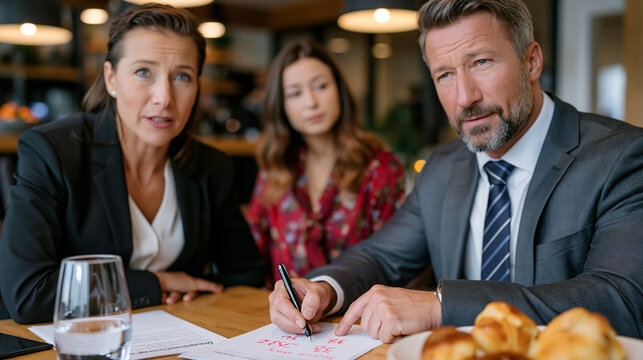 Real estate agent circles days-on-market figures in red on printed comparable sales sheet, buyers seated across conference table looking uneasy, negotiation counteroffer letter waiting beside a glas