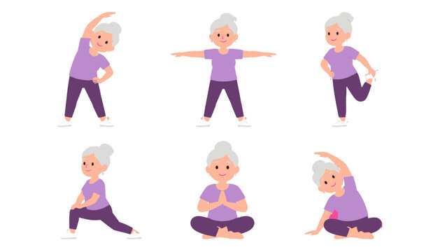 Senior woman exercising in different poses vector set