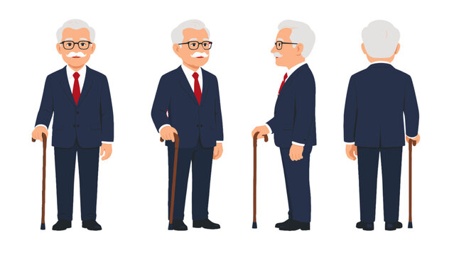 Elderly businessman character set with front side and back views