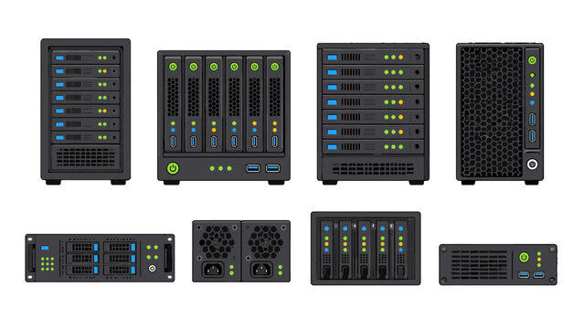 Set of black server and storage unit vector illustrations