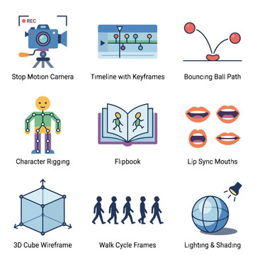 Animation Production Tools and Techniques Icons Set.