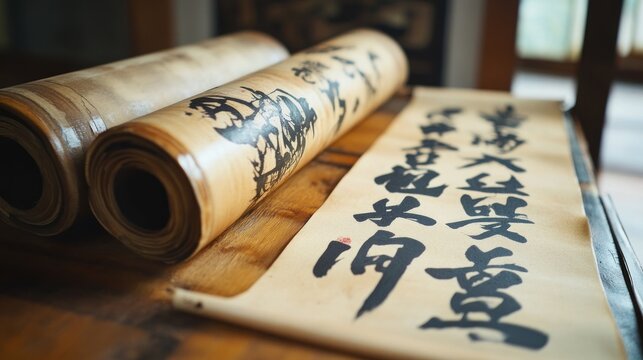 Aged scrolls with traditional calligraphy