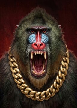 Angry Roaring Mandrill Baboon Wearing Gold Chain Necklace