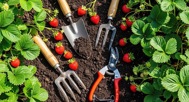 Gardening Tools Among Strawberry Plants