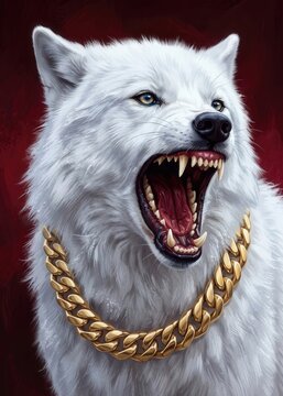 Snarling White Wolf Showing Sharp Teeth with Gold Chain