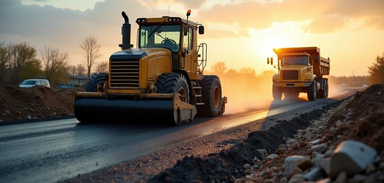 Yellow steamroller compacts new asphalt road at sunset. Dump truck drives on construction site in dust. Heavy machines work on infrastructure project.