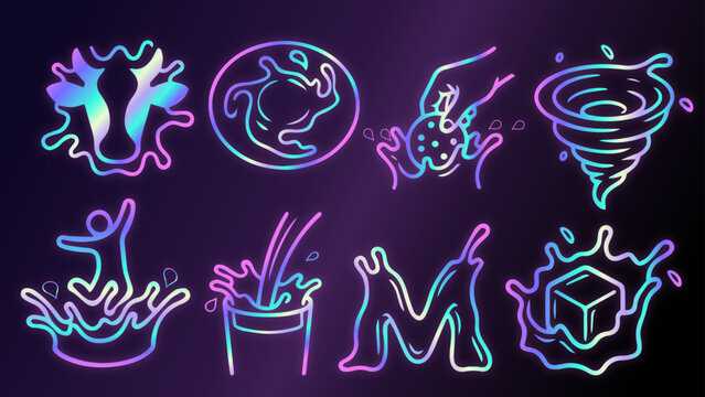 Neon Holographic Liquid Splashes and Water Drops Set on Dark Background, Iridescent Milk Splash Crown, Milk and Cookie, Letter M and Ice Cube Vector Elements Pack