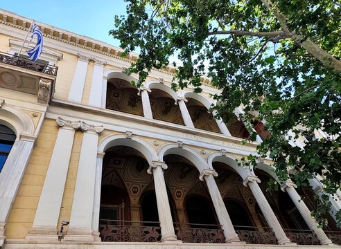 Low-angle view of the Numismatic Museum of Athens, situated on Panepistimiou street, it is one of the most important museums in Greece, housing more than 500,000 artifacts.