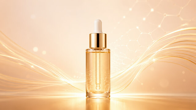 golden serum dropper bottle with abstract lifting lines on warm background