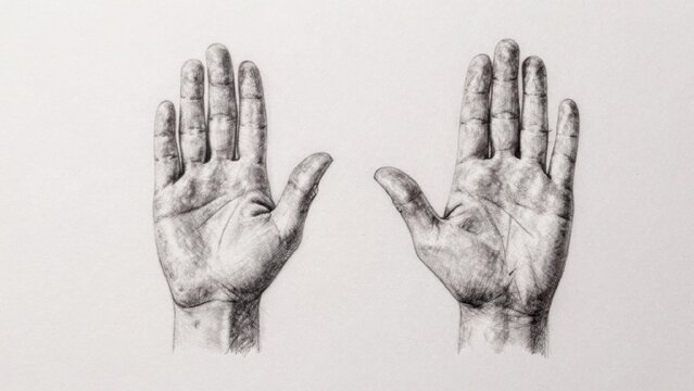 There hands white paper drawn black open fingers slightly curled lines arms There hands white paper. hands dra