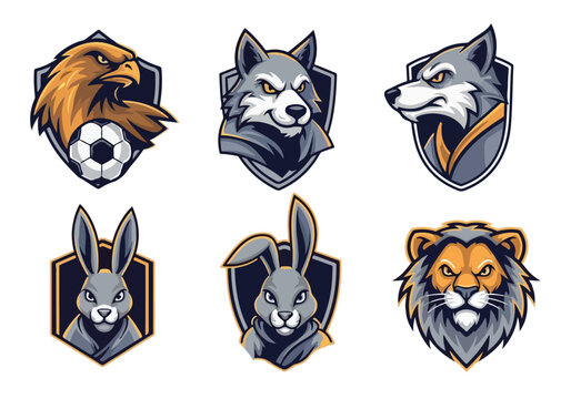 Collection of animal head logos with shield designs, featuring lion, wolf, rabbit, and soccer ball