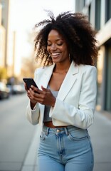 Fototapeta premium Smiling Black woman uses smartphone, walking outside city buildings. Female browses phone, checks messages, reads news. Businesswoman in casual wear, light denim jeans, white blazer, grey top.