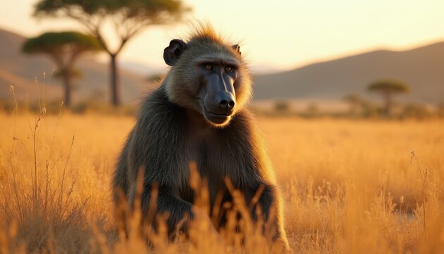 Baboon sits in tall dry grass savanna landscape at sunset. Wild monkey looks ahead with golden hour light. Acacia trees and hills in background. Nature scene with warm tones.