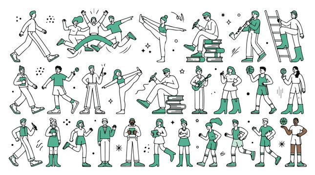 Minimalist hand drawn people character set, diverse flat line art figures in green and white, collection of active human poses for web design