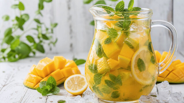 Glass pitcher holds yellow drink with ice, mango, lemon, and mint. Fresh mango pieces and lemon slices float in the liquid. Mint leaves garnish the pitcher and surface