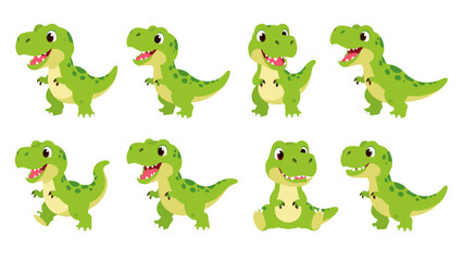 Set of cute green cartoon dinosaur characters in different poses © Mark