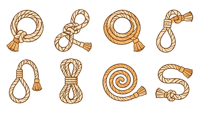 Set of coiled and knotted rope illustrations on white background