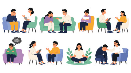 Fototapeta premium Mental health counseling and therapy session vector set