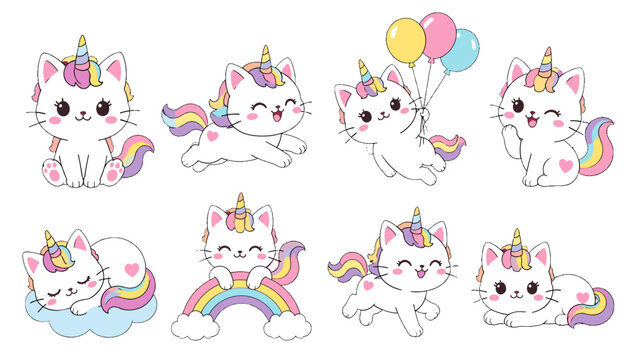 Cute cartoon caticorn set with rainbow tails and playful poses