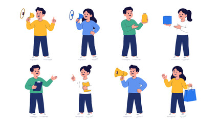 Fototapeta premium Set of people characters holding megaphone and products