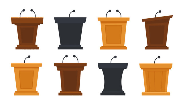 Set of podium lecterns with microphones in flat vector style