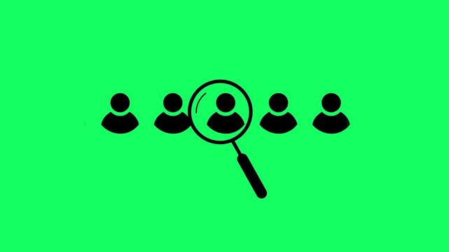 Magnifying glass searching user profile with recruitment and hiring animation on green background with alpha channel. Magnifying glass with person silhouette searching for another person