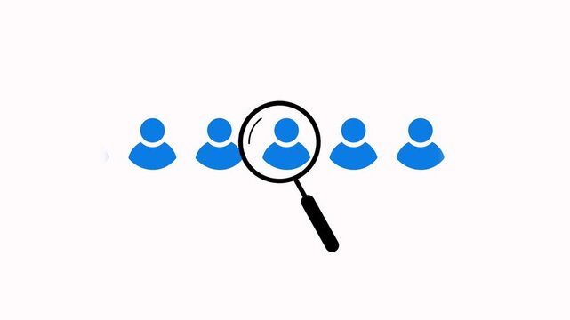 Magnifying glass searching user profile with recruitment and hiring animation on white background with alpha channel. Magnifying glass with person silhouette searching for another person
