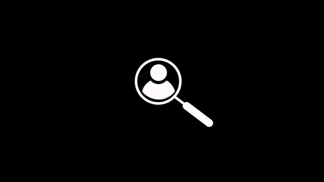 Searching profile by magnifier glass and user icon animation on black background. Magnifying glass with person icon searching user profile or data analysis concept for recruitment and identification