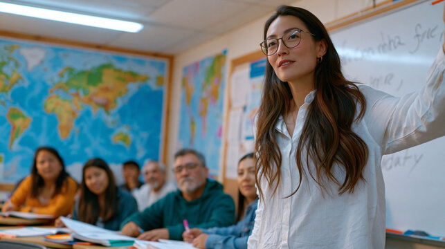 ESL teacher standing at front of brightly lit adult education classroom writing vocabulary phrase on whiteboard, adult immigrant learners of varied ages seated at desks with open workbooks, world ma