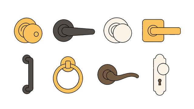 Set of assorted door handles and knobs in flat vector style