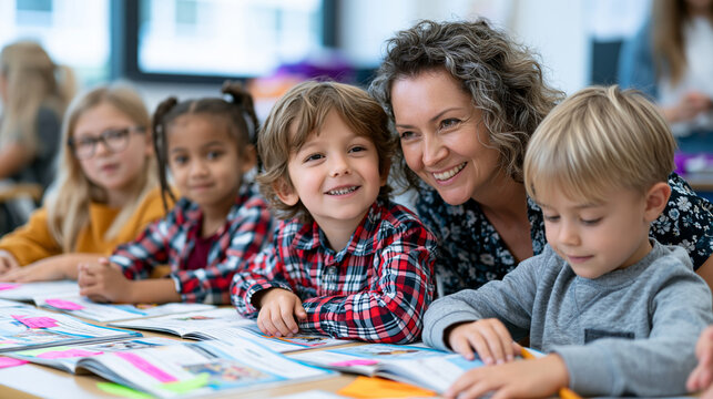 Experienced elementary teacher facilitating small mixed-ability reading group at kidney-shaped table, differentiated leveled readers spread before four students of varying backgrounds, sticky notes 