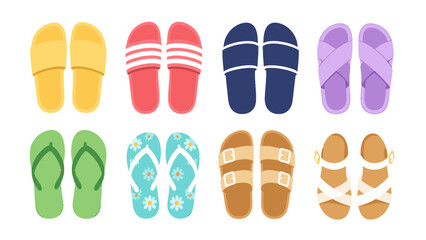 Naklejka premium Colorful assortment of sandals and slippers in top view