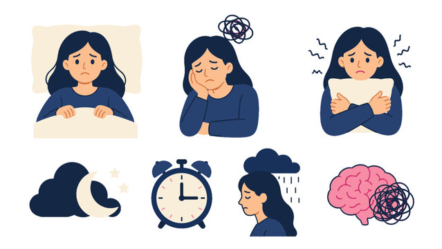 Sleep problems and stress symptoms illustrated icon set