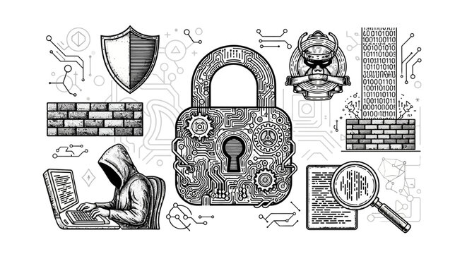 Cybersecurity hacker with laptop and padlock sketch