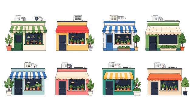 Set of colorful small storefront facades with striped awnings