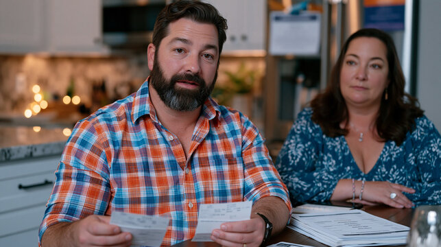 Homeowner rehearses property tax protest testimony in kitchen using index cards, appeal hearing letter magnetted to refrigerator, spouse at table timing the speech while printed comparable assessmen
