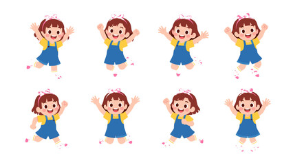 Fototapeta premium Set of happy cartoon girl characters in jumping poses
