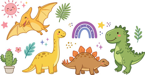 Cute baby dinosaur vector illustration set with cartoon t-rex brachiosaurus stegosaurus pterodactyl rainbow sun and cactus icons on white background © MdAbusufian