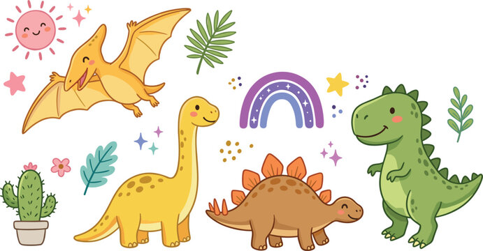 Cute baby dinosaur vector illustration set with cartoon t-rex brachiosaurus stegosaurus pterodactyl rainbow sun and cactus icons on white background