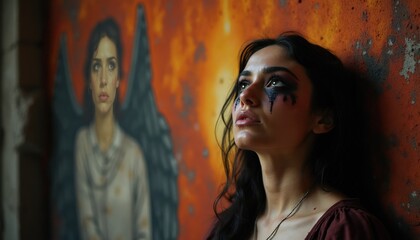 Naklejka premium Woman with dark eye makeup and tear streaks leans against wall. Angelic figure painting behind her, implies contrast between inner and outer self. Symbolic representation of struggle and hope.