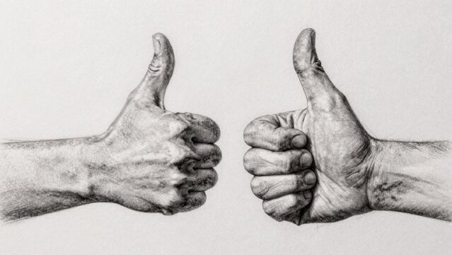 Black white hands giving thumbs drawn realistic style thumb pointing other hand both appear hairy skin not vis