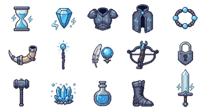 A set of fifteen blue and grey pixel art icons representing various fantasy RPG items and magical equipment like armor, weapons, and gems.