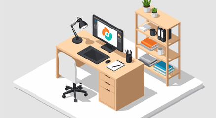Fototapeta premium Modern isometric vector illustration of a creative workspace featuring a professional computer desk and storage shelf setup 32